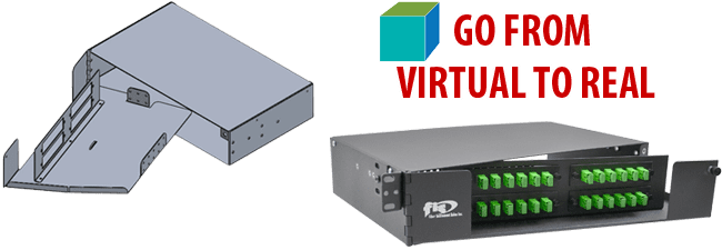 On the left is a Building Information Model (BIM) 3D drawing of a 2RU Fiber Optic Rack Mount, On the right is an image of the actual 2RU fiber optic rack mount